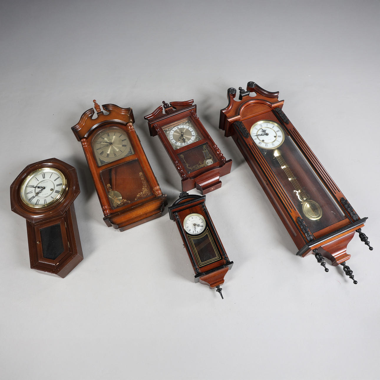FIVE VARIOUS VICTORIAN STYLE DROP DIAL WALL CLOCKS (5). Clocks ...