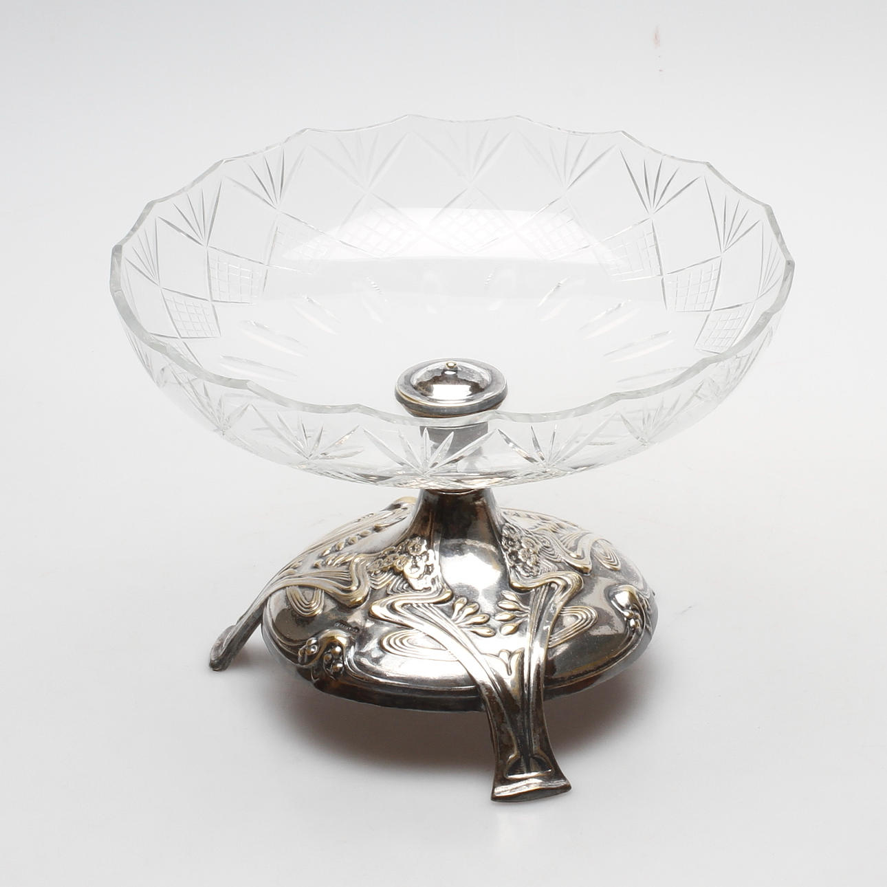 BORDSUPPSATSSKÅL, nysilver och glas, GAB, jugend, tidigt 1900-tal.