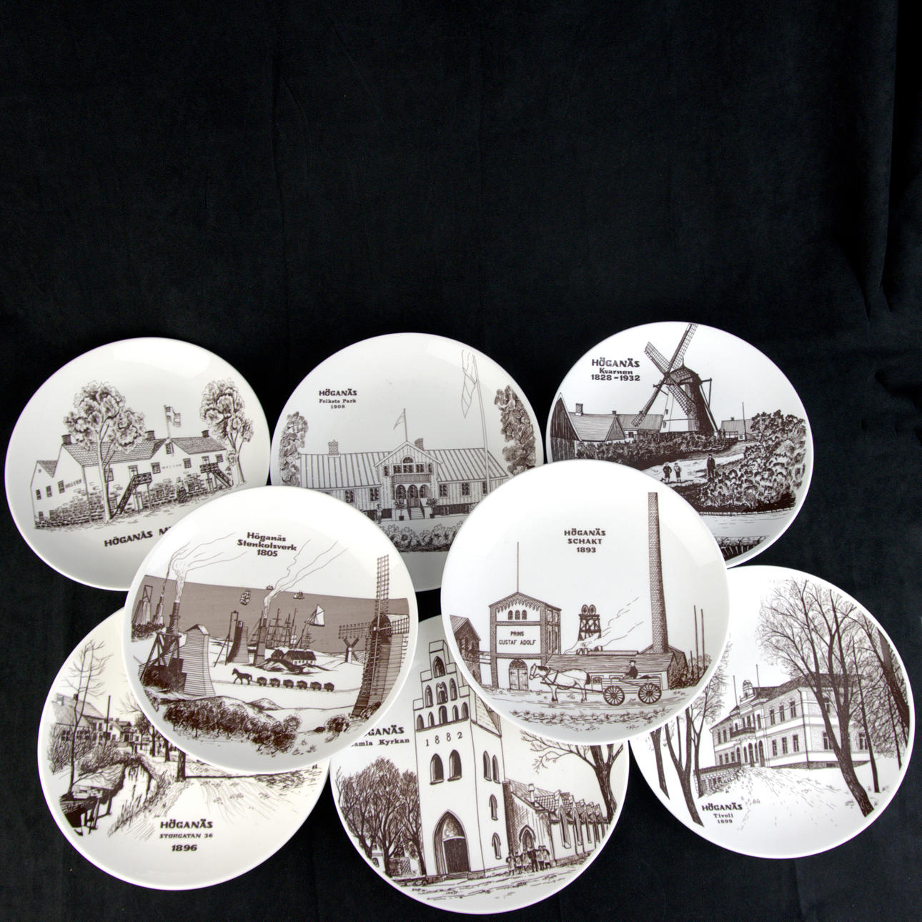 INSERTS, 9 pcs. “Höganästallrikar”, various motifs from old Höganäs, numbered, bone china, Gustavsberg.