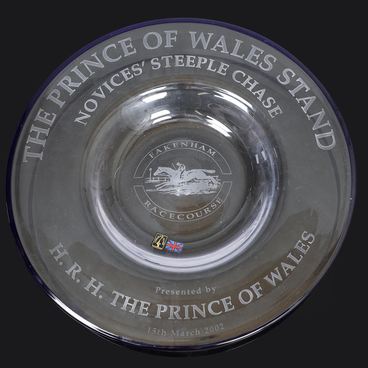 A LANGHAM GLASS COMMEMORATIVE CHARGER.