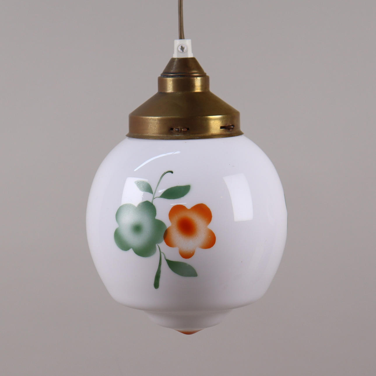 CEILING LAMP, opaline painted glass with brass bracket.