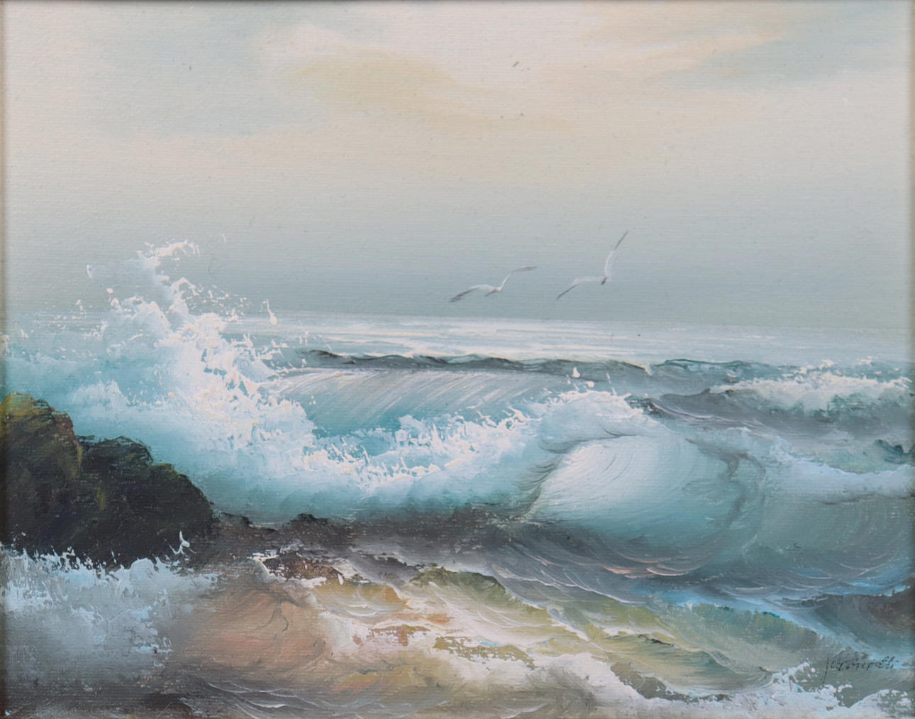 OIDENTIFIERAD KONSTNÄR. oil on canvas, waves against rocks.