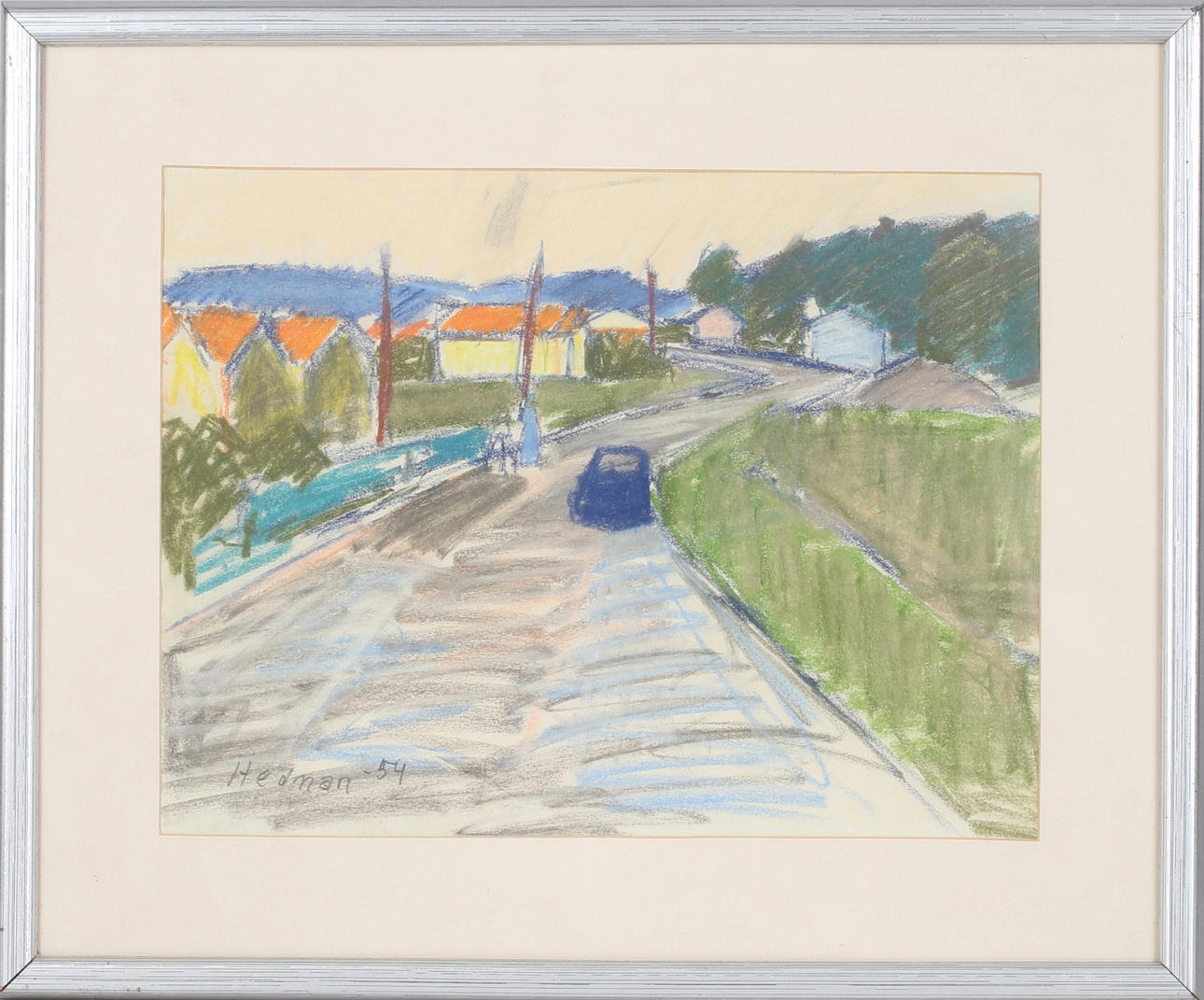 JOHN HEDMAN. Village road, pastel, signed and dated -54.