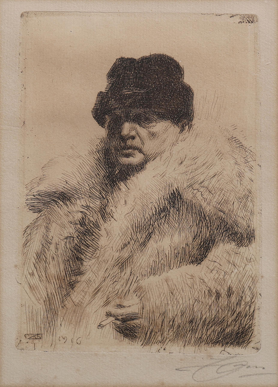 ANDERS ZORN. “SELF-PORTRAIT IN WOLFSKIN FUR”, ETCHING 1916.
