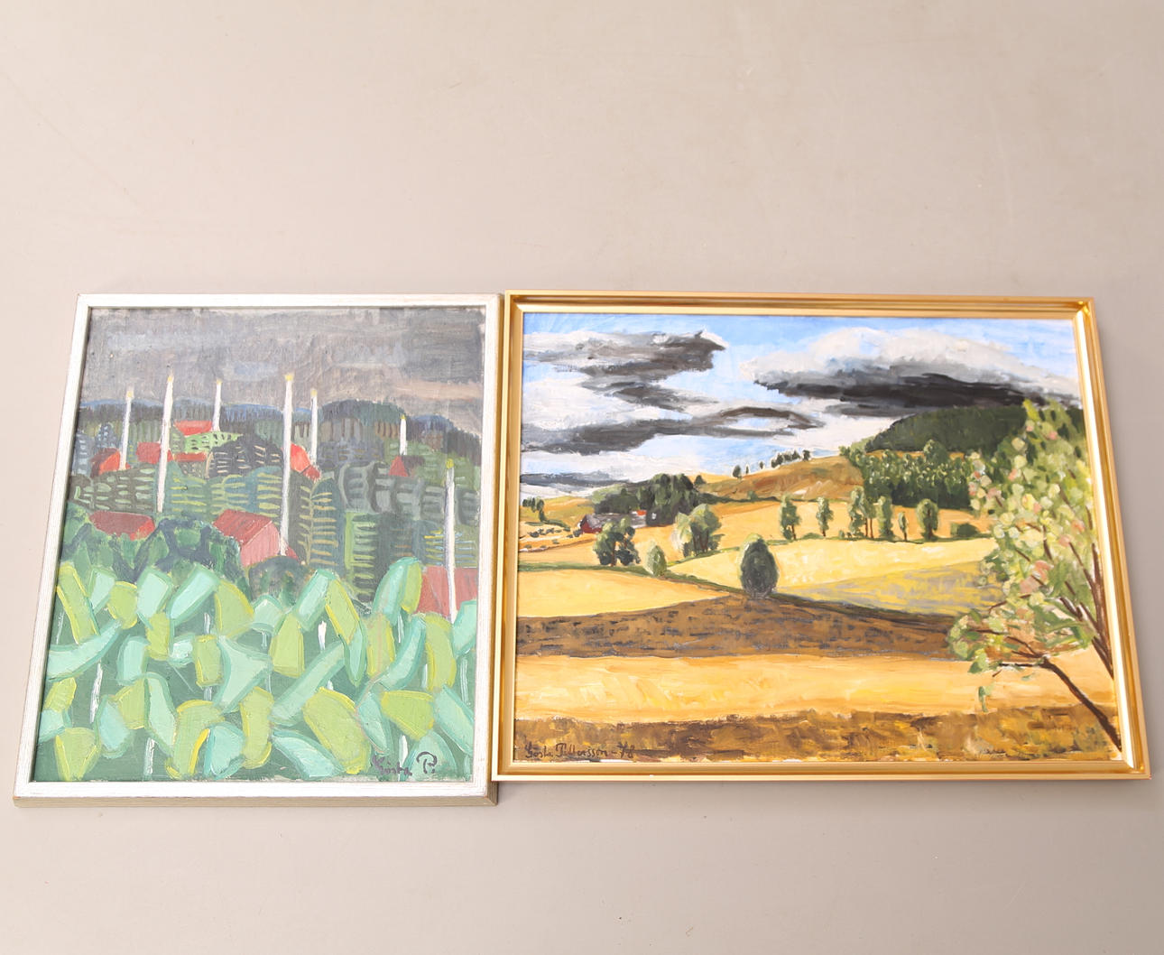 GÖSTA PETTERSSON. TAVLOR, 2 st, olja duk, signerade Gösta Pettersson & Gösta P.