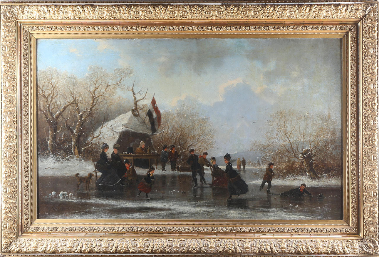 CHARLES FERDINAND DE LA ROCHE. Vinterlandskap med skridskoåkare på is, olja på duk, signerad de la Roche.