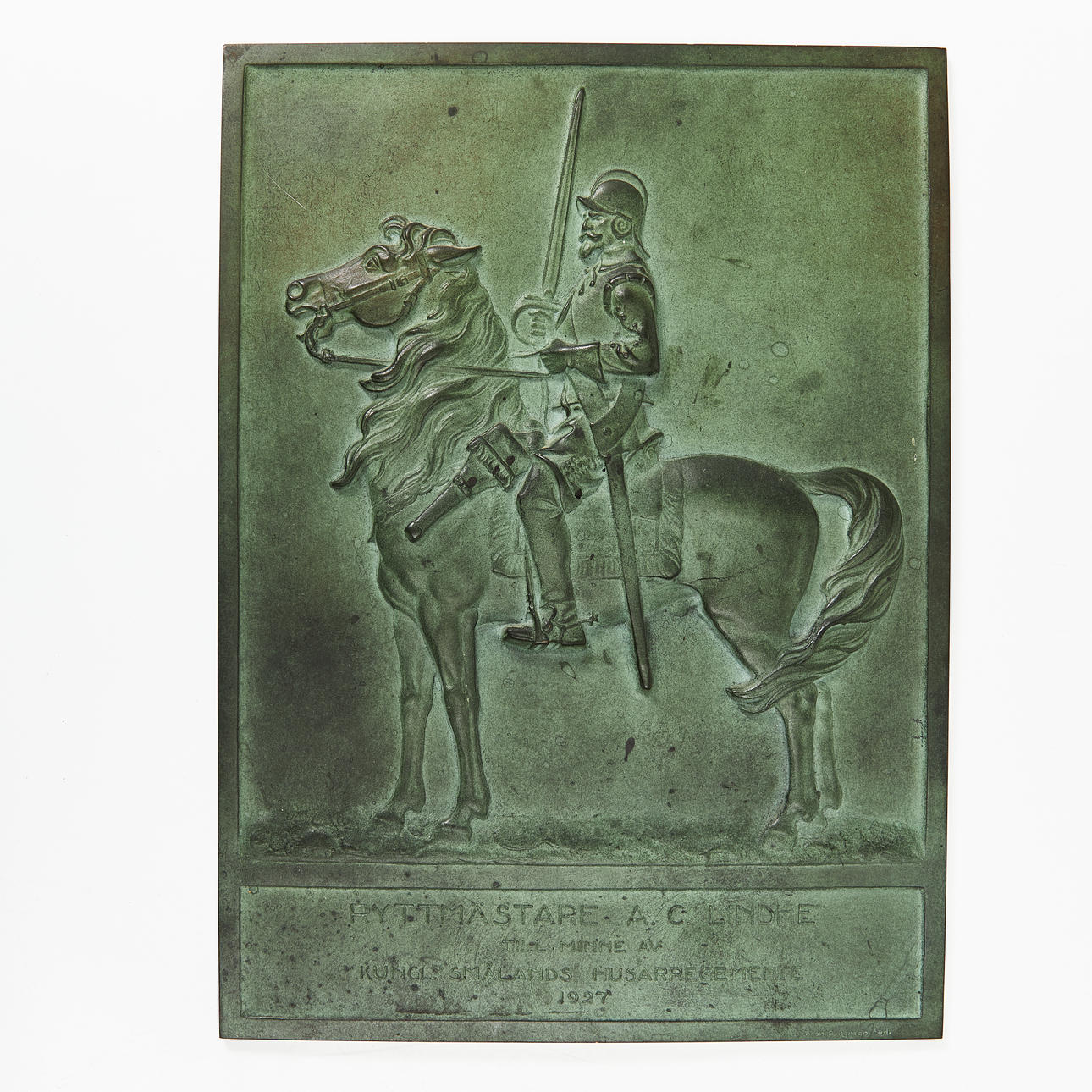 A bronze plaque, Colonel Gilbert Hamilton, commemorating Kungl. Småland Husarregemente 1927, Herman Bergman's Foundry.