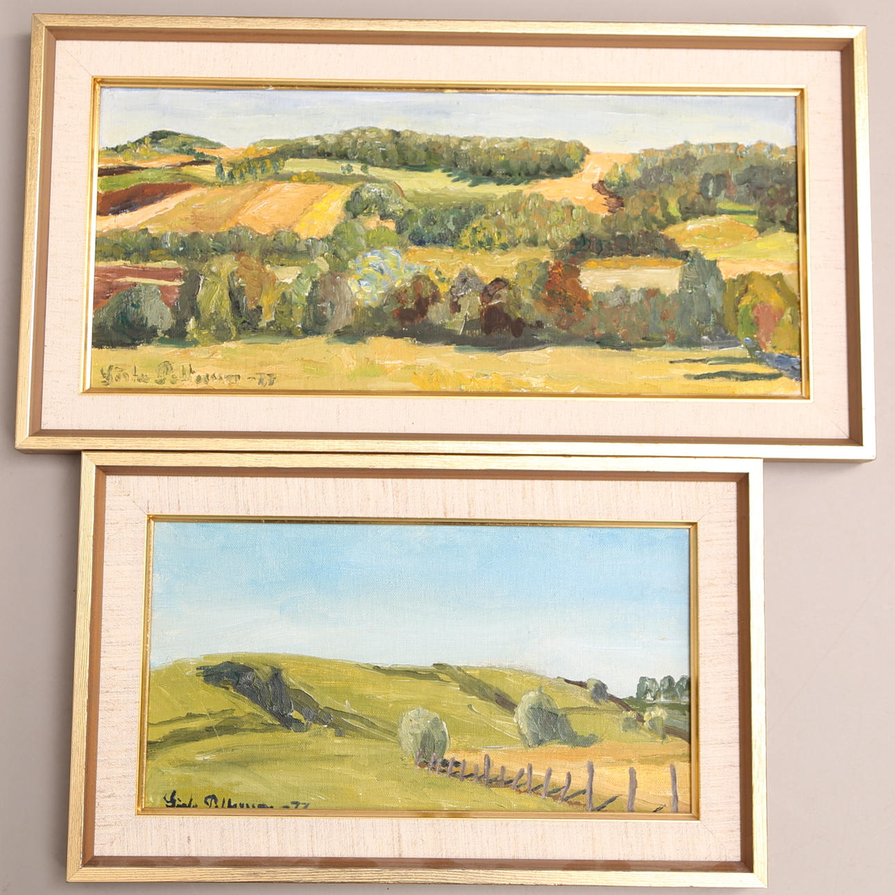 TAVLOR, 2 st, olja duk, signerade Gösta Pettersson -77, Falbygden.