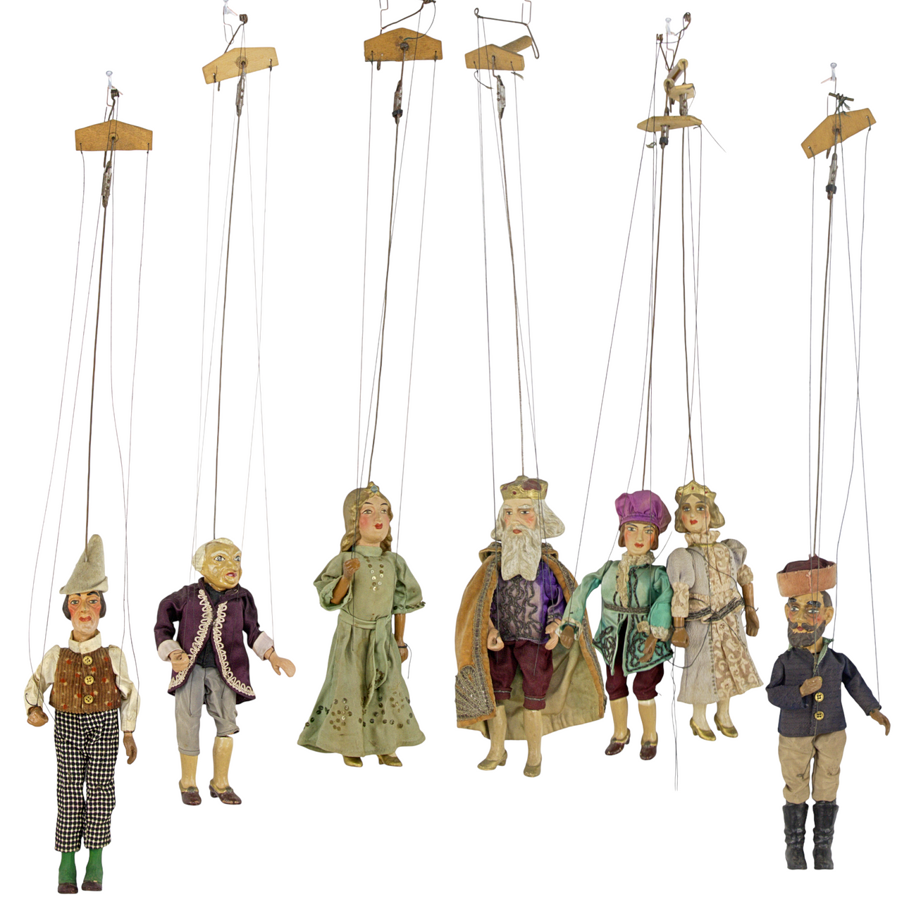 KASPERDOCKOR, 7 st, trä, tyg, keramik, 1900-tal.