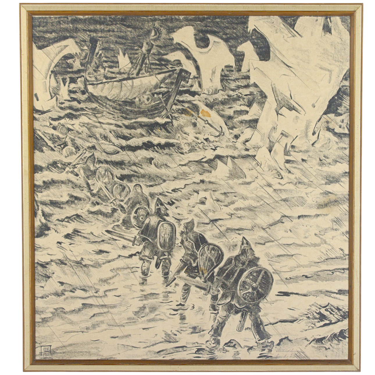 OSSIAN ELGSTRÖM. Litografi, "Strandhugg", signerad.