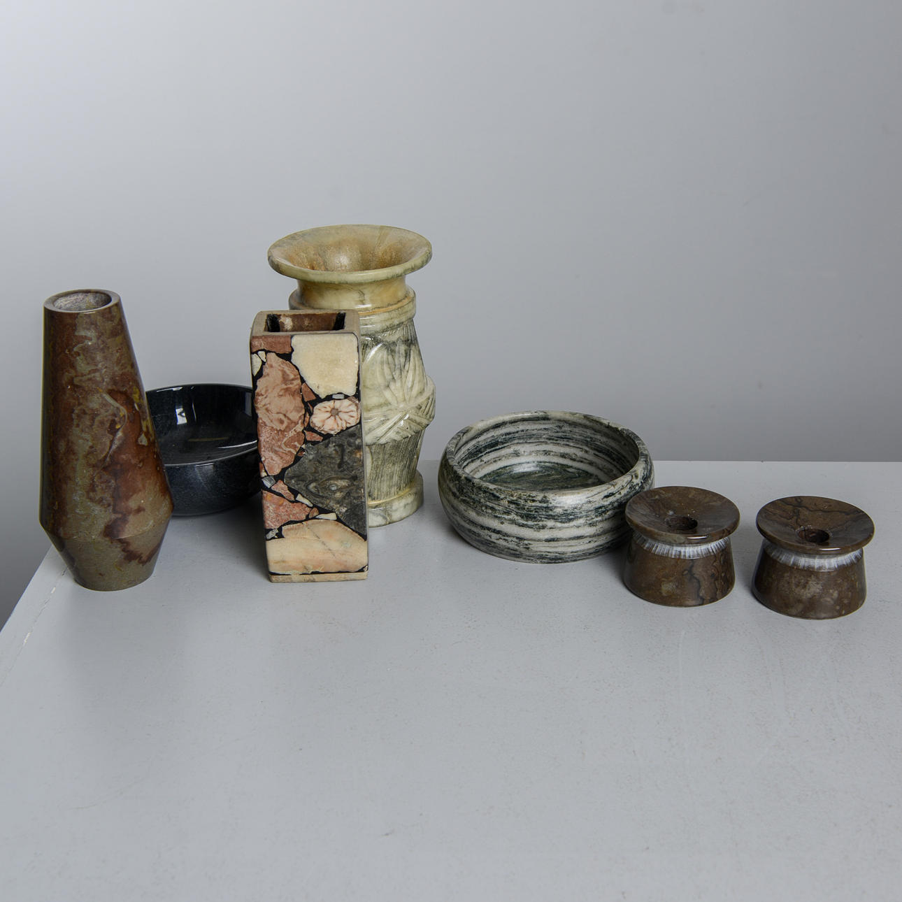 VASES, BOWLS & CANDLESTICKS, 7 pieces, stone.