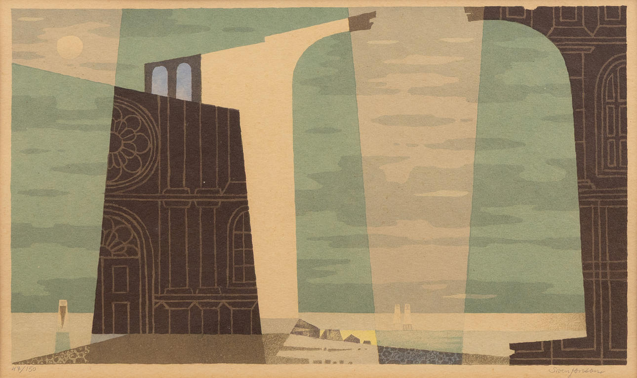 SVEN JONSON. Composition with landscape, lithograph no. 47/150, signed.