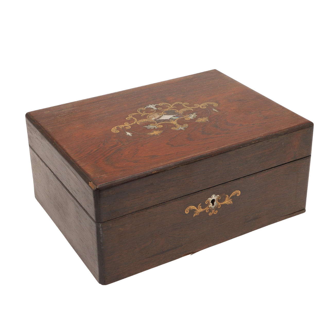 UNA CAJA DE COSER CON INCRUSTACIONES DE PALISANDRO.