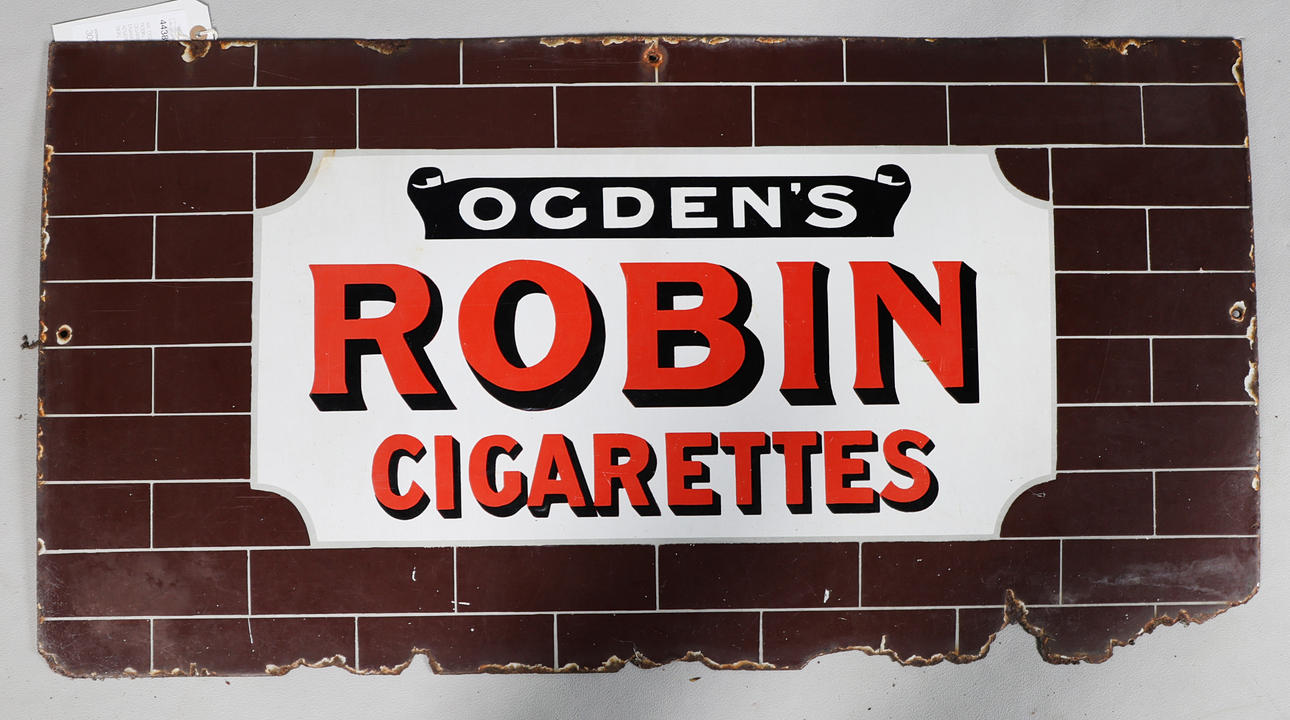 ogdens robin cigarettes AN 'OGDEN'S ROBIN CIGARETTES' ENAMEL ADVERTISING SIGN. Collectables -  Advertising & Signs