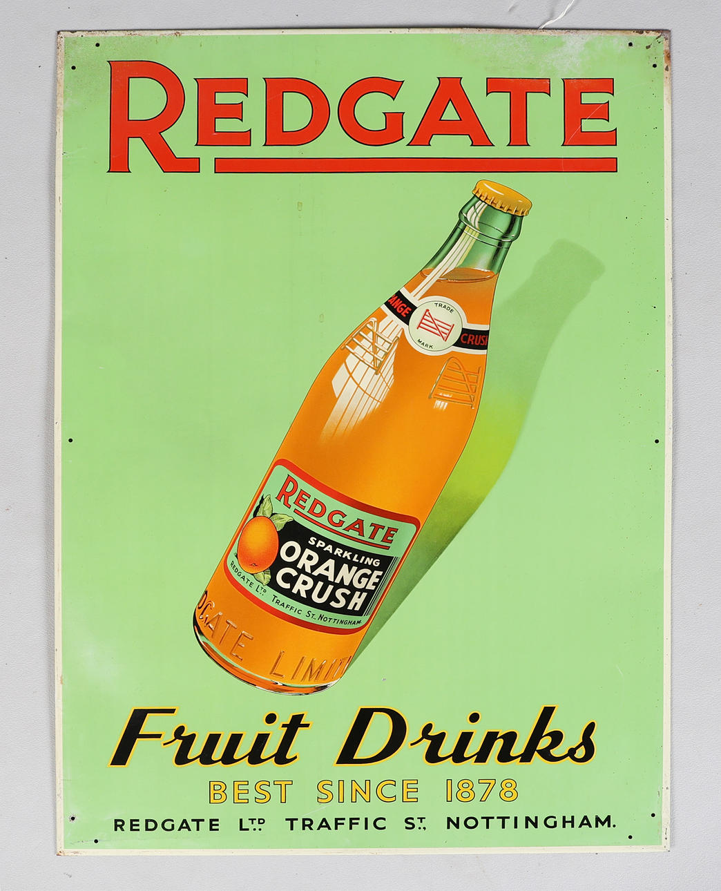A 'REDGATE FRUIT DRINKS' LITHOGRAPHED TINPLATE ADVERTISING SIGN.