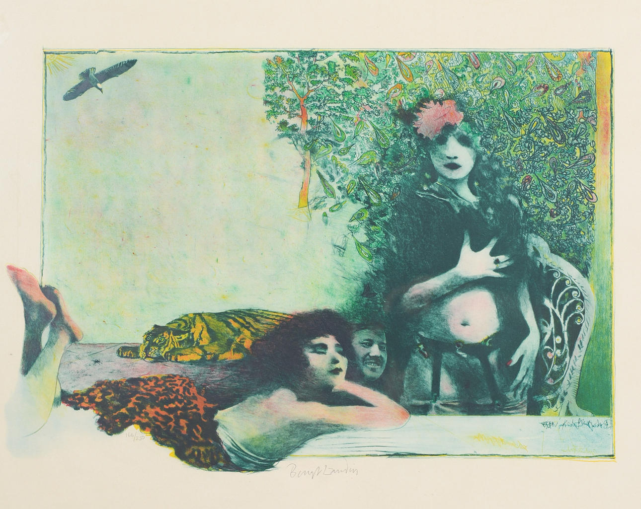 BENGT LANDIN. Figurative composition, lithograph in colours, signed and numbered 166/250.