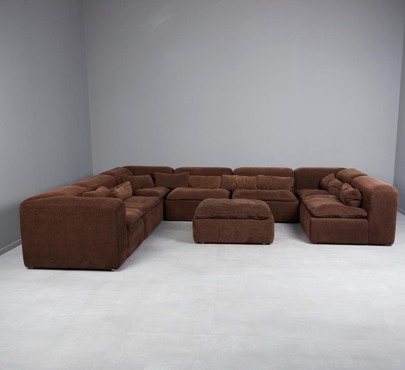 eight-piece modular sofa/couch ensemble, textile, brown, 1970s (8).