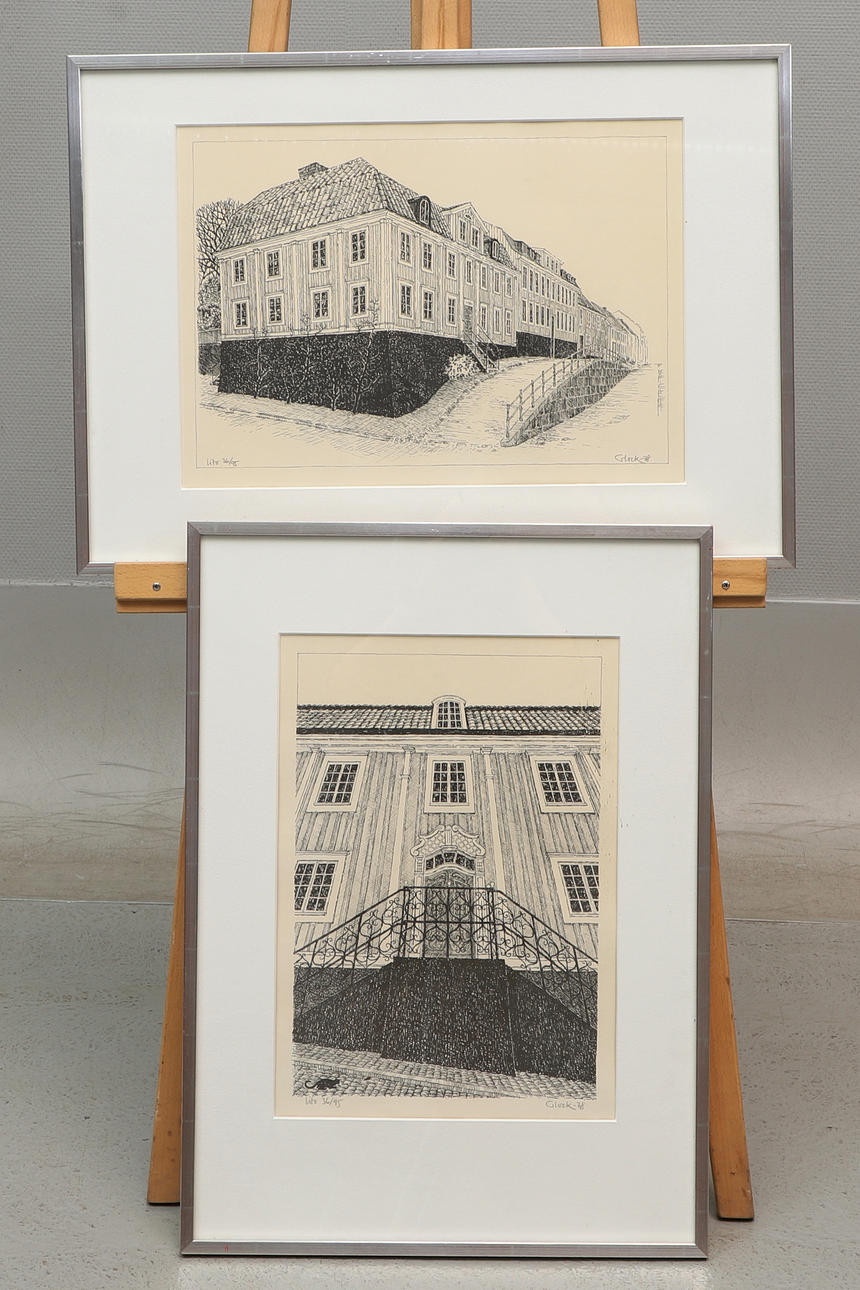 JONAS GLOCK. Lithographs, 2, house motifs, signed, numbered 36/95, dated -78.