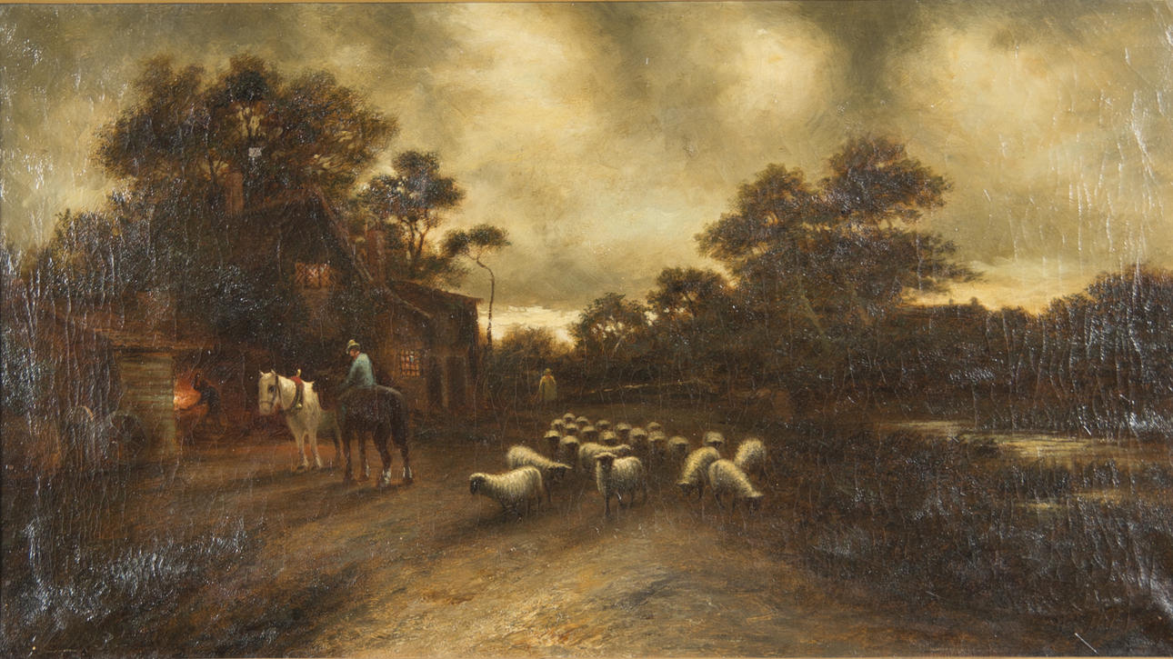 OIDENTIFIERAD KONSTNÄR. Gård med fårherde, olja på duk, osignerad, 1800-tal.