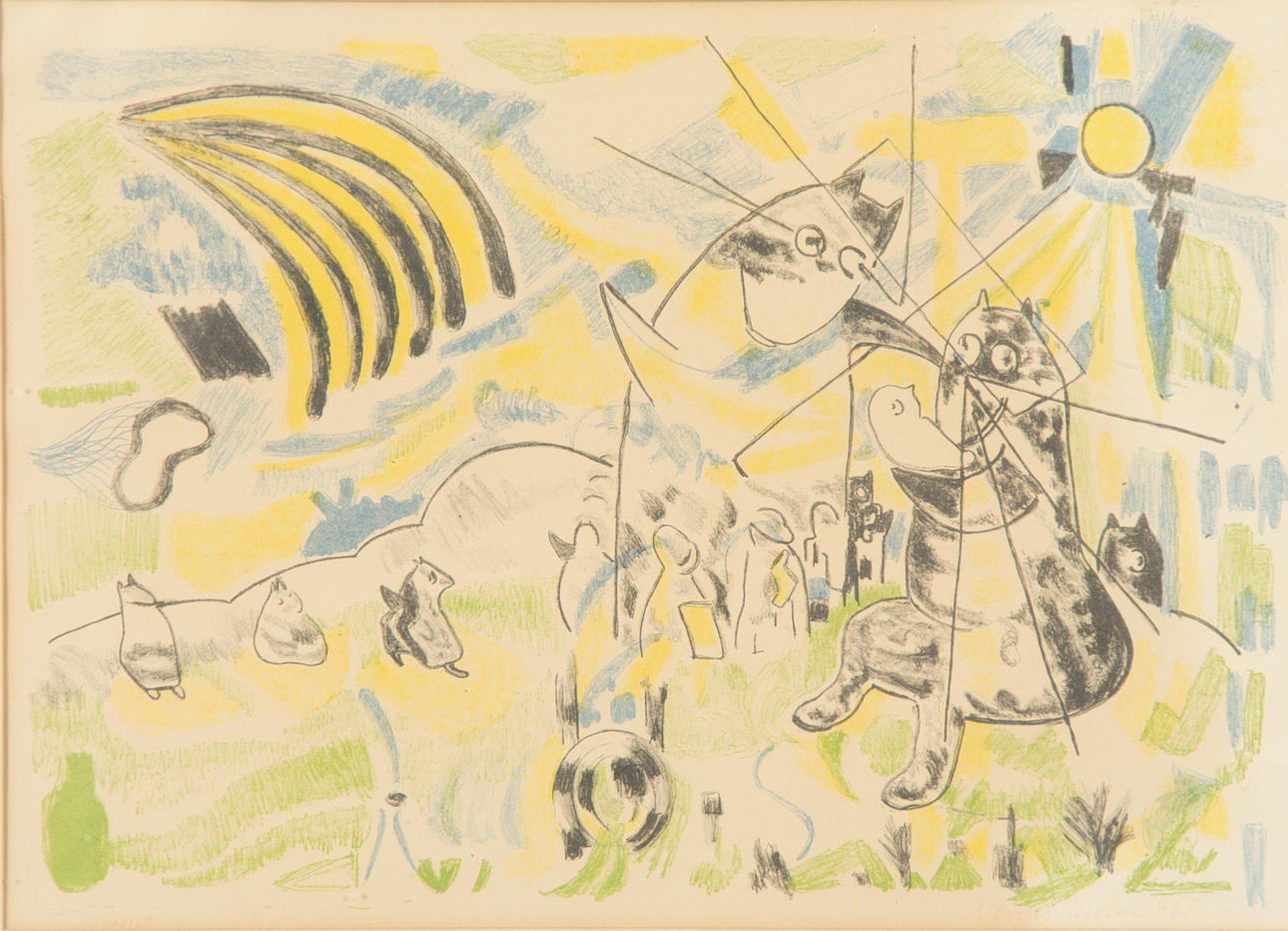 VERNER MOLIN. Komposition med mumintroll, färglitografi, signerad.