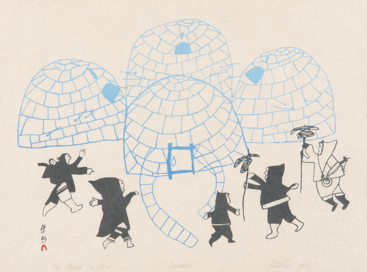 PITSEOLAK ASHOONA. "Around The Igloo", seriegrafi, signerad Pitseolak 1964.