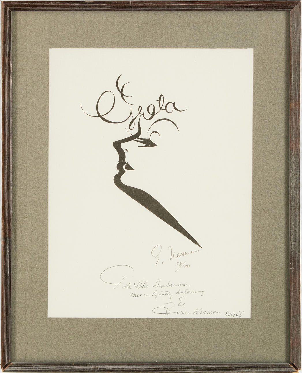 EINAR NERMAN. “Garbo”, lithograph in colours, signed, numbered 54/100, obverse with dedication from the artist.