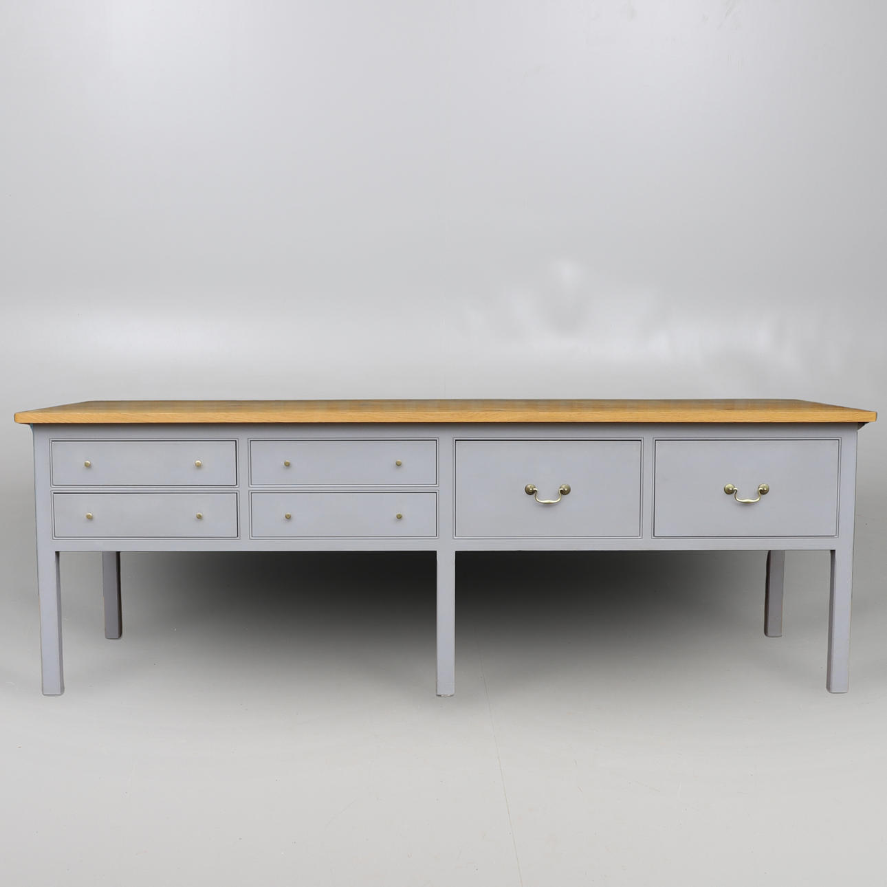 A PLAIN ENGLISH BESPOKE SOLID OAK KITCHEN PREP TABLE.