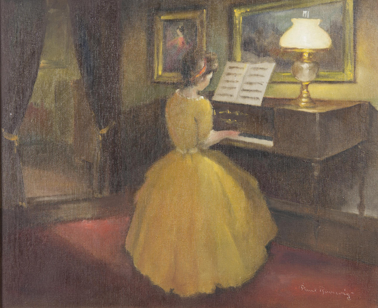 PAUL RAVNVIG. Spelande kvinna, olja på duk, signerad.