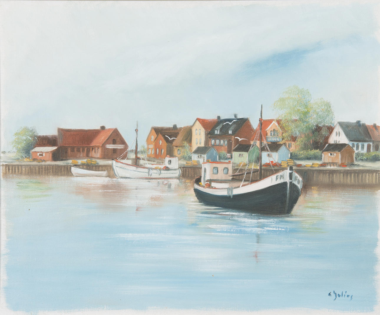 CARL JULIUS. "Råå hamn", ilja på duk, signerad C, Julius.