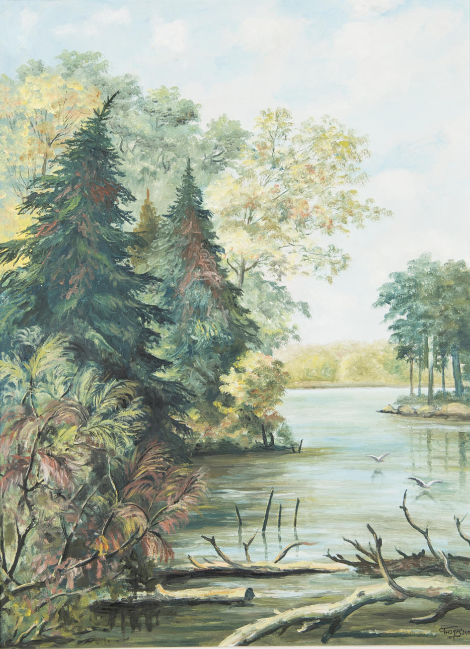 CARL THOMPSON. Skogsparti med sjö, olja på duk, signerad C. Thompson.