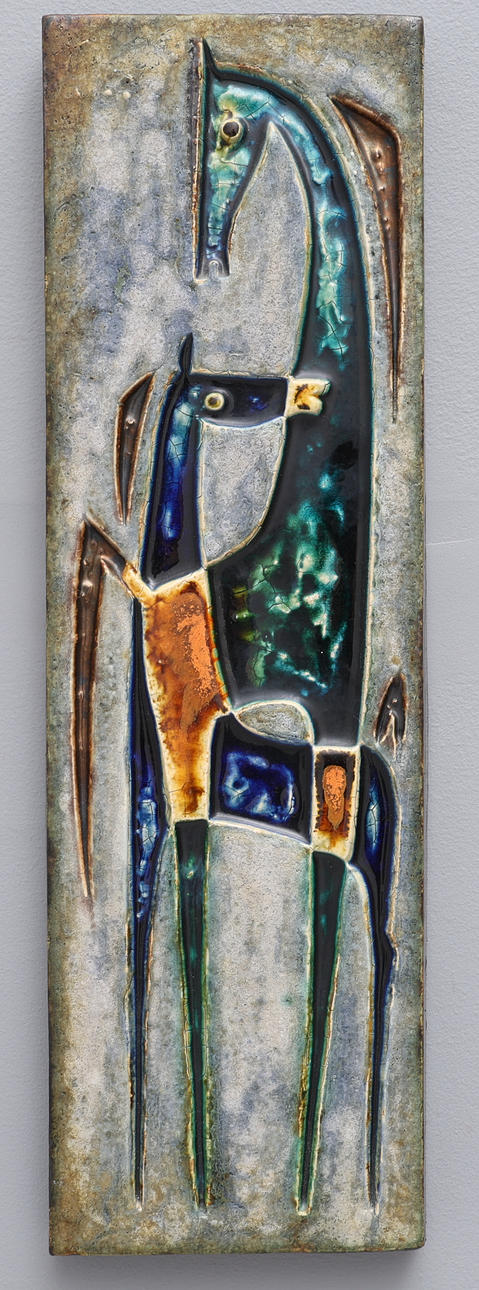 HELMUD SCHÄFFENACKER. WALL RELIEF, TWO HORSES, GLAZED STONEWARE, GERMANY.