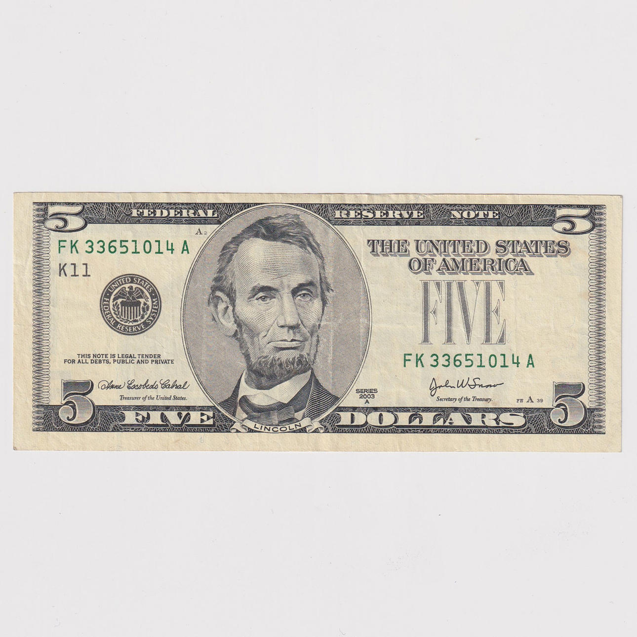 FIVE DOLLAR ERROR BANK NOTE USA.