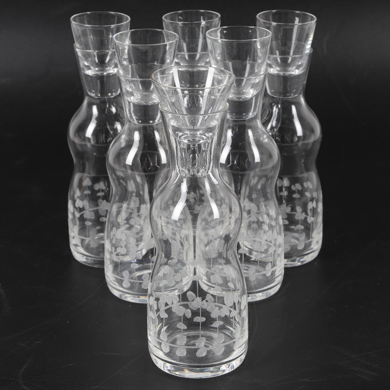 SNAPSJUNGFRU mit Schnappglas, 6 Stück, Glas, geätztes Dekor.