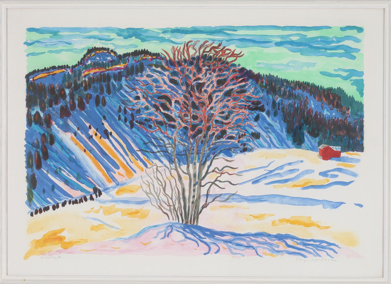 THAGE NORDHOLM. Winter landscape, colour lithograph, signed sample print.