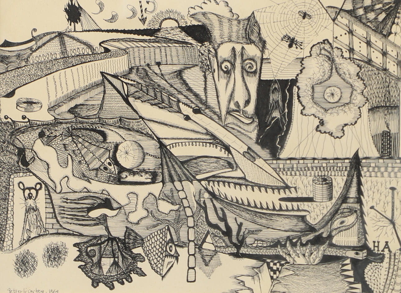 PETTER LJUNGBERG. Composition, ink drawing, signed 1964.