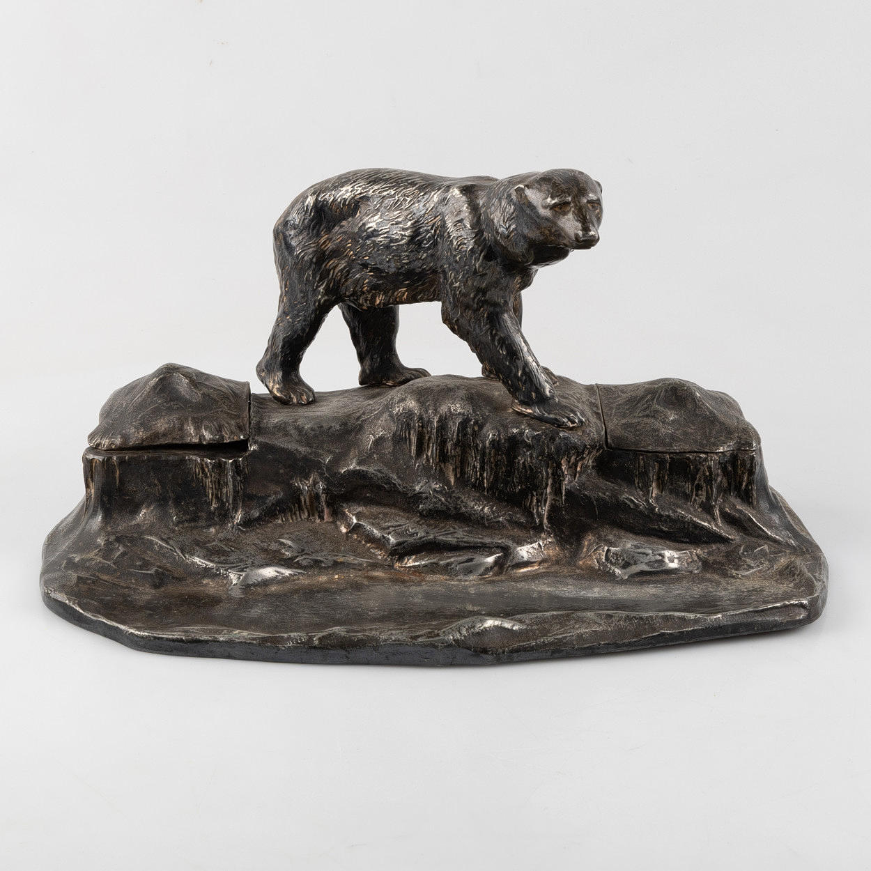 DESK SET, with bear, nickel silver.