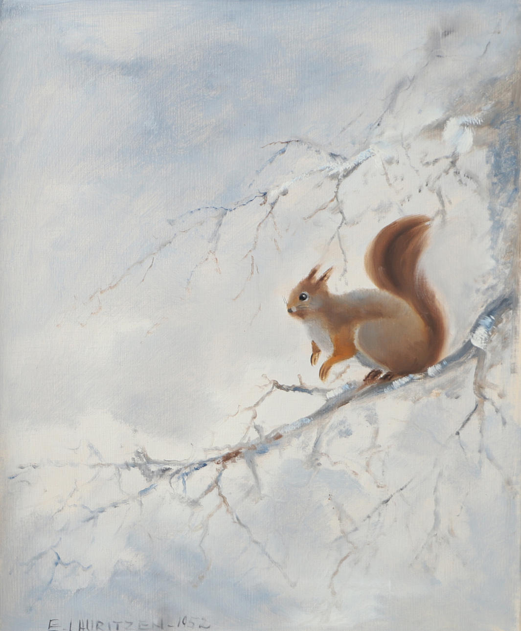 ERIK LAURITZEN. Squirrel in winter landscape, oil on canvas, signed E. Lauritzen.
