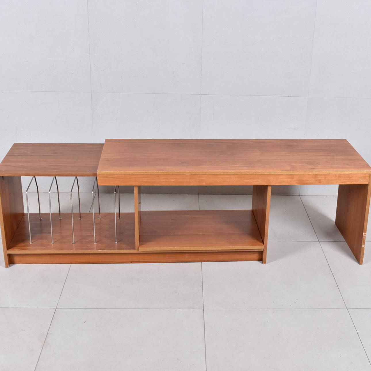 STEREO BENCH, teak with brass bows.