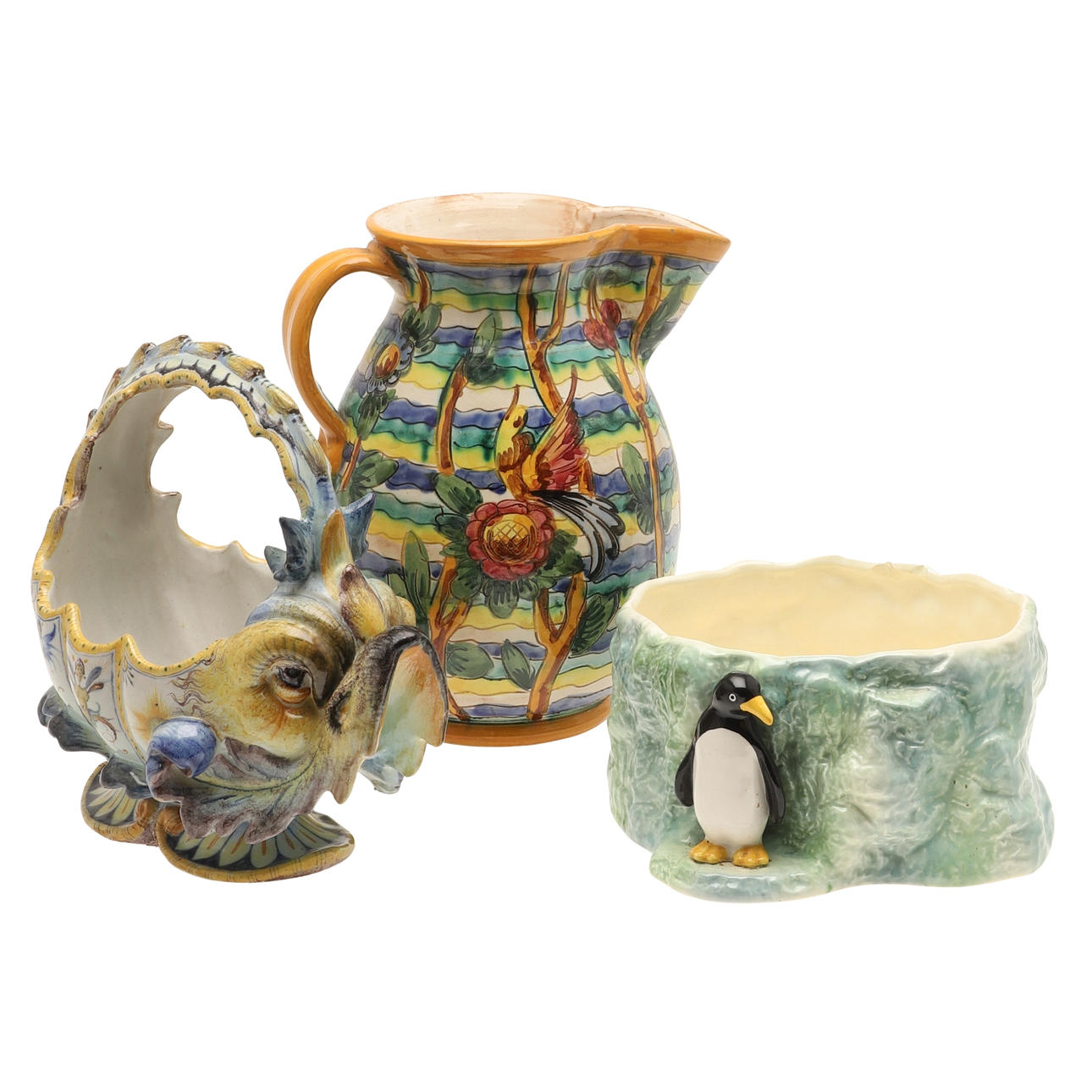 TWO STUDIO POTTERY ITEMS AND A SYLVAC DISH.