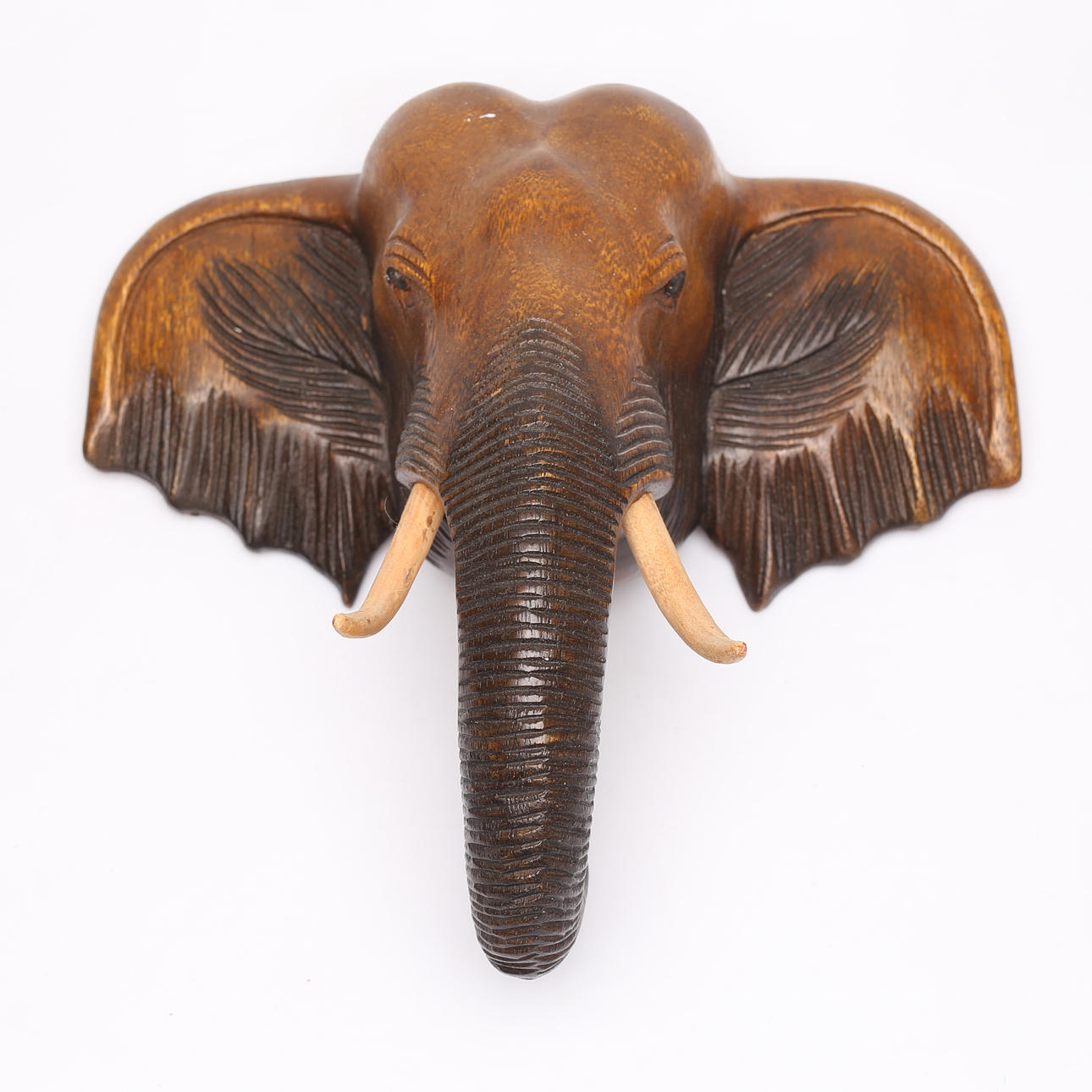 WALL SCULPTURE, elephant head, cut wood.