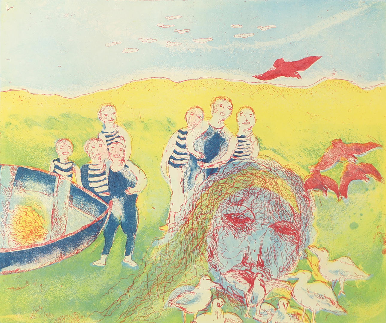 HELMTRUD NYSTRÖM. Figures on the beach, etching, signed -70.