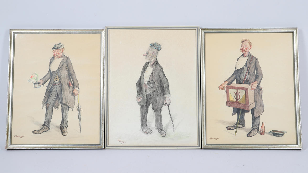 ANDERS HAMMARGREN. Drawings, 3 pieces, caricatures, signed.