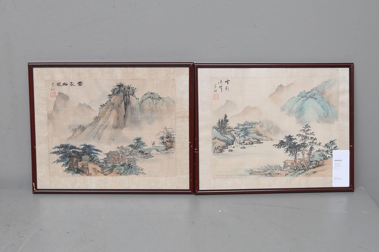 OIDENTIFIERAD KONSTNÄR. SIDENMÅLNINGAR, 2 st, signerade.