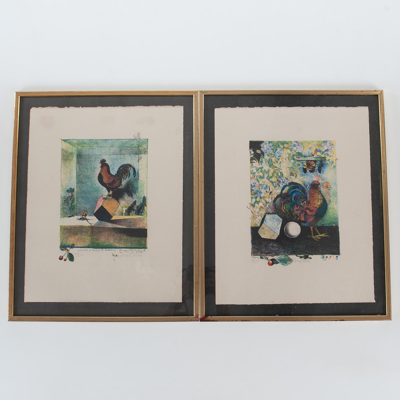 BENGT LANDIN. Color lithographs, two pieces, composition with rooster.