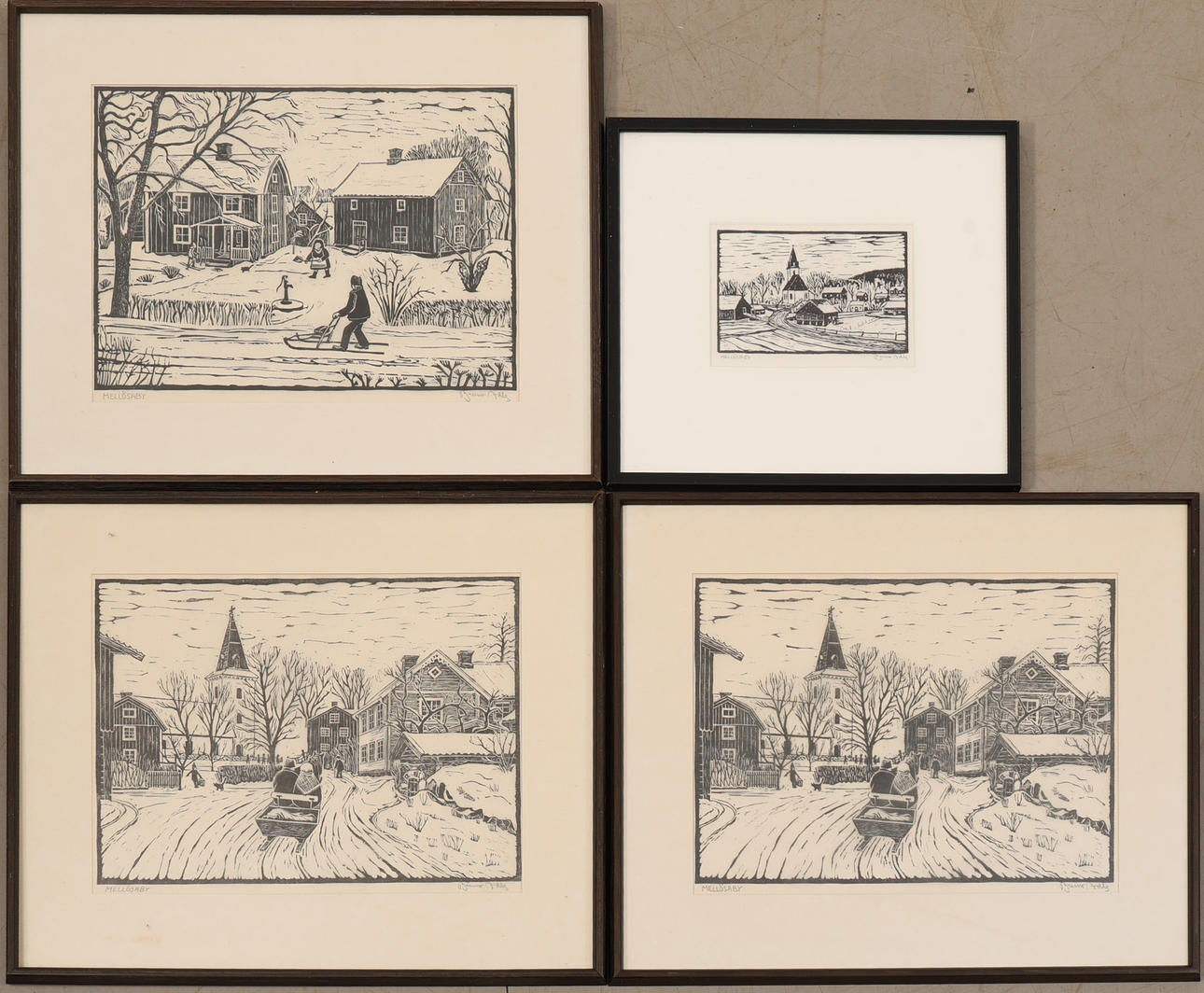 OIDENTIFIERAD KONSTNÄR. Four woodcuts, “Mellösaby”, signed.