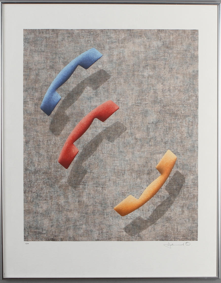 JOHANNES OLSSON. Komposition med telefoner, färglitografi, EA upplaga, signerad.