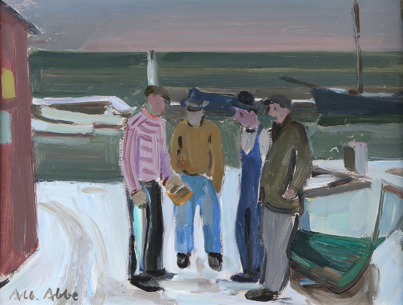 ALBERT ABBE. Oil painting on panel. Conversational men. Signed.