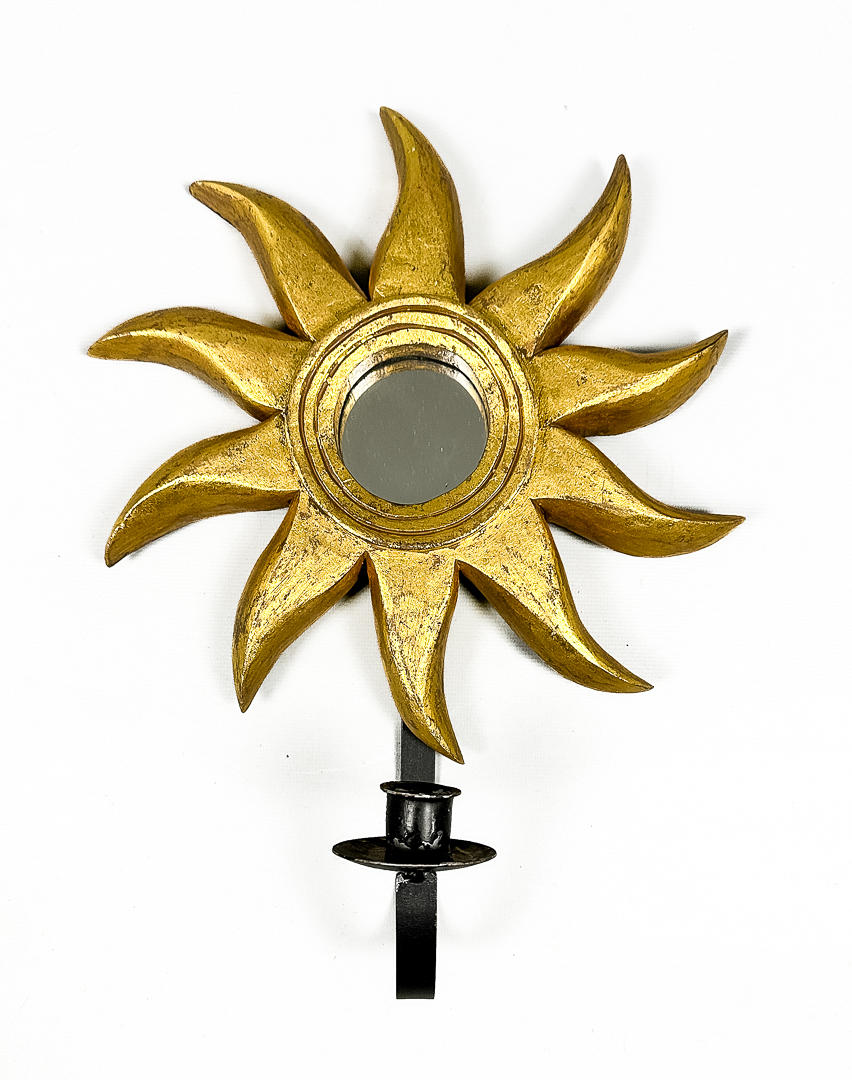 SOLSPEJL med lysestage, træ, glas, smedet.