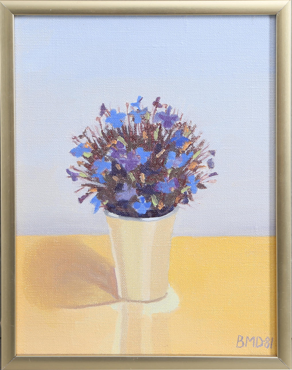 BARBRO DANIELSSON. "Lobelia", olja på pannå, signerad BMD och daterad -81.