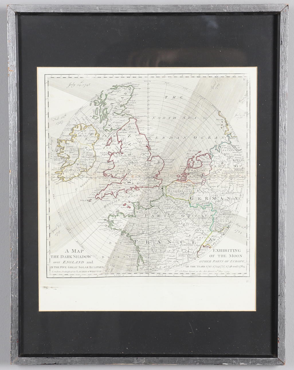 SOLAR ECLIPSE. ROBERT LAURIE & JAMES WHITTLE (PUBLISHER). A Map Exhibiting the Dark Shadow of the Moon over England and Other Parts of Europe, In the Five Great Solar Eclipes, Of the Years, 1715, 1724, 1737, 1748 and 1764.